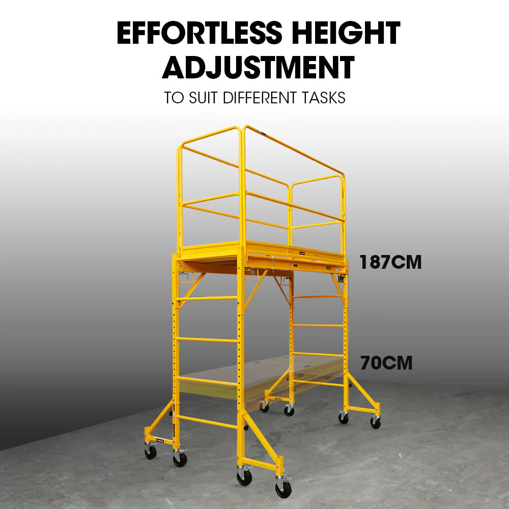 Baumr-AG 1.9 x 0.8 x 1.8m Adjustable Mobile Scaffold Platform, Guard Rail, Outrigger Wheel Set, Trapdoor Hatch