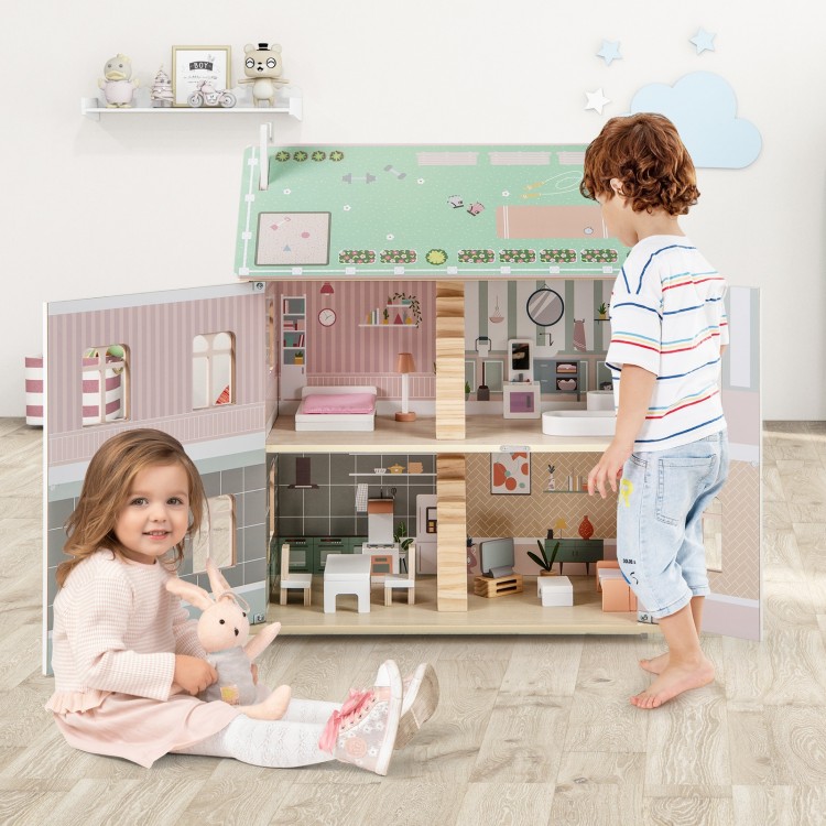 Kids Wooden Dollhouse 3 Level with Double-Sided Roofs and Doors