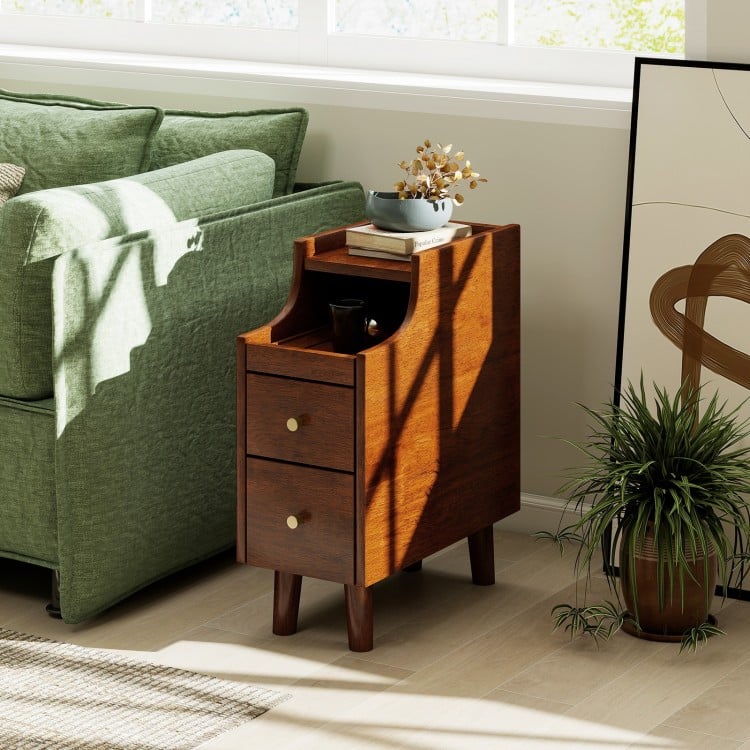 Solid Wood End Table Narrow Bedside Table with Pull-out Tray and 2 Storage Drawers