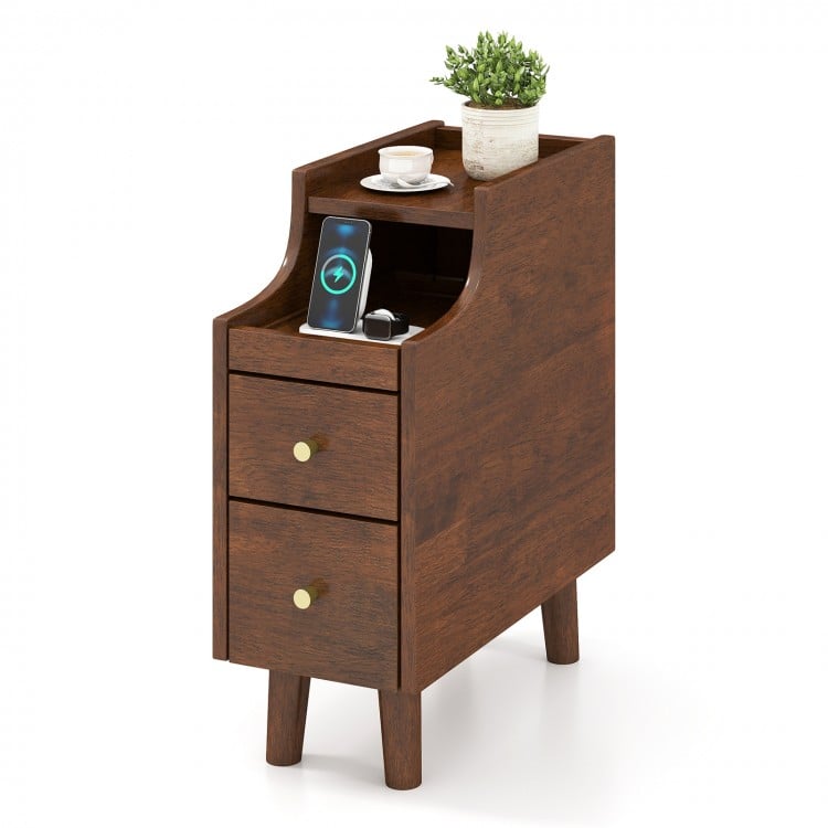 Solid Wood End Table Narrow Bedside Table with Pull-out Tray and 2 Storage Drawers