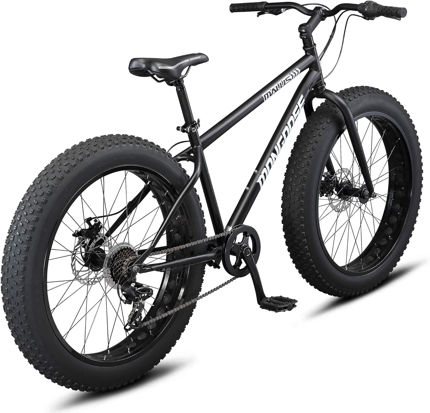 Mongoose Malus Mens and Women Fat Tire Mountain Bike, 26-Inch Bicycle Wheels, 4-Inch Wide Knobby Tires, Steel Frame, 7 Speed Drivetrain, Shimano Rear Derailleur, Disc Brakes