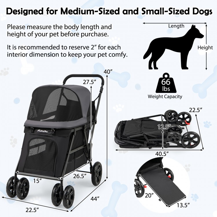 Dog Stroller for Medium Small Senior Elderly Dogs with Dual Entry