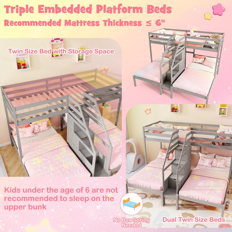 Twin Over Twin and Twin Bunk Bed with Storage Staircase and Guardrail for 3 Kids Teens