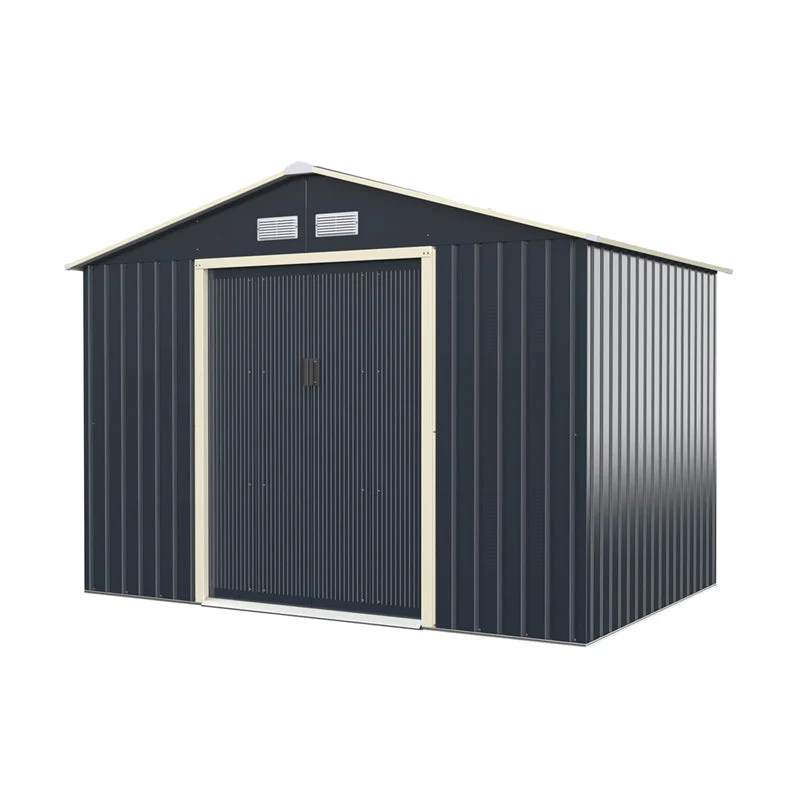 9 x 6 FT Outdoor Metal Storage Shed with 4 Air Vents & Sliding Double Lockable Doors, Backyard Tool Shed Garden Storage House