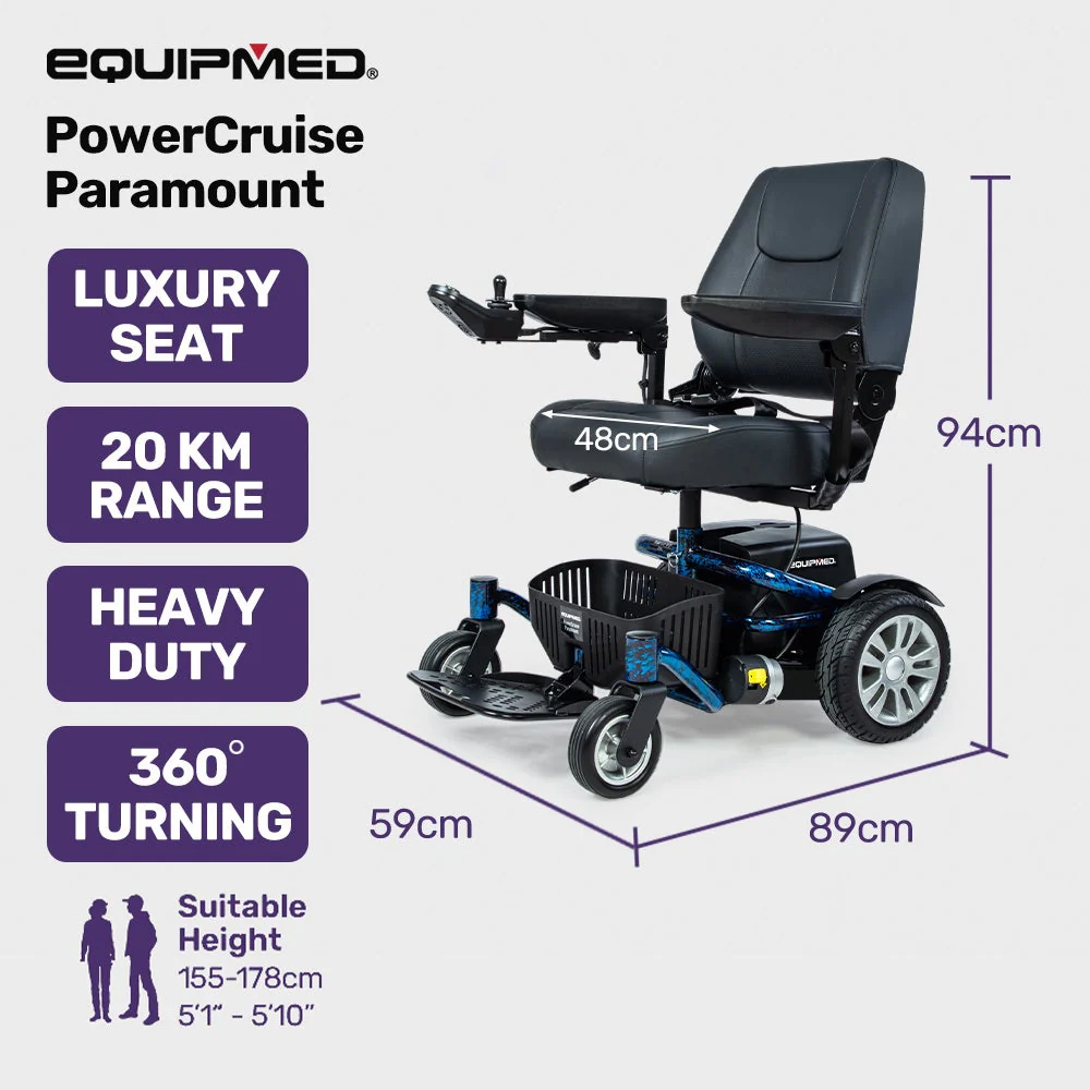 EQUIPMED Heavy Duty Electric Wheelchair, Up to 20km Range, Ultra-Comfortable, Great Turning Circle, Safe Stable Non-Slip Anti-Roll Back Power Chair, Blue