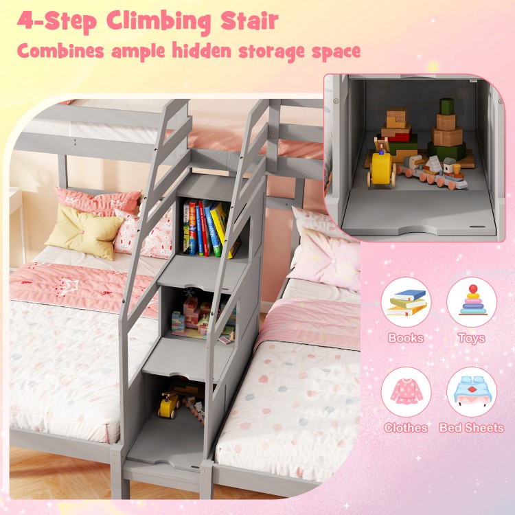 Twin Over Twin and Twin Bunk Bed with Storage Staircase and Guardrail for 3 Kids Teens