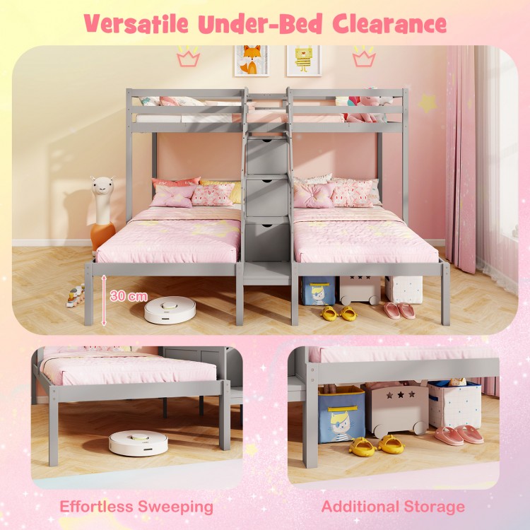 Twin Over Twin and Twin Bunk Bed with Storage Staircase and Guardrail for 3 Kids Teens