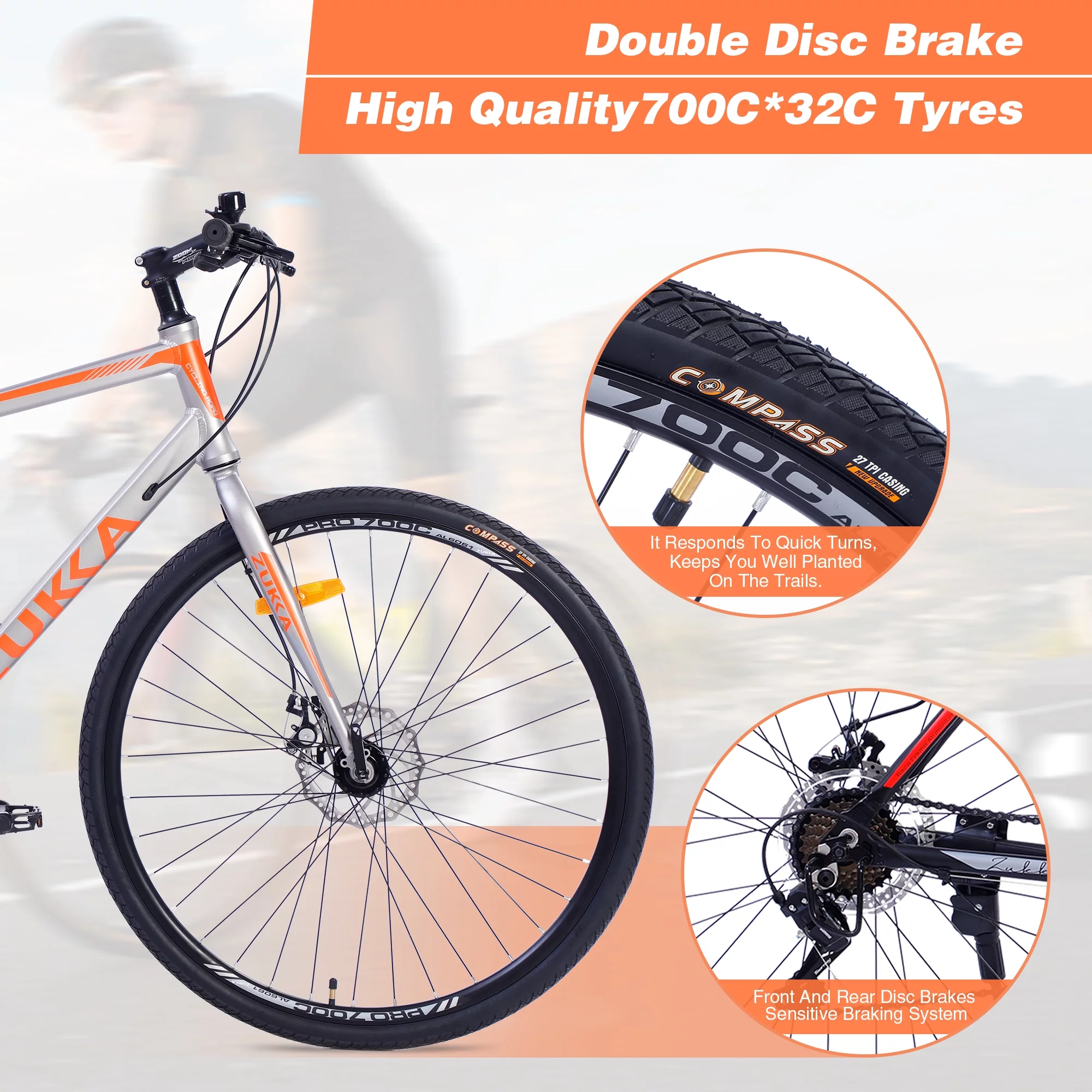 28 inch Hybrid Bike Men, Road Bike with Shimano 21 Speed, 700C Wheels, Comfort Adult Bicycle with Dual Disc Brake, 21” Lightweight Aluminium Frame, Suggested Rider 5’6′′ to 6’2′′ Tall- Silver+Orange