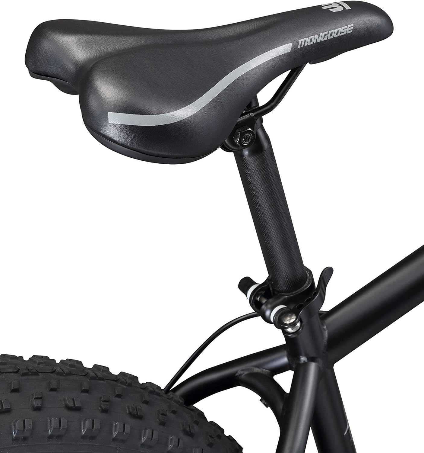 Mongoose Malus Mens and Women Fat Tire Mountain Bike, 26-Inch Bicycle Wheels, 4-Inch Wide Knobby Tires, Steel Frame, 7 Speed Drivetrain, Shimano Rear Derailleur, Disc Brakes