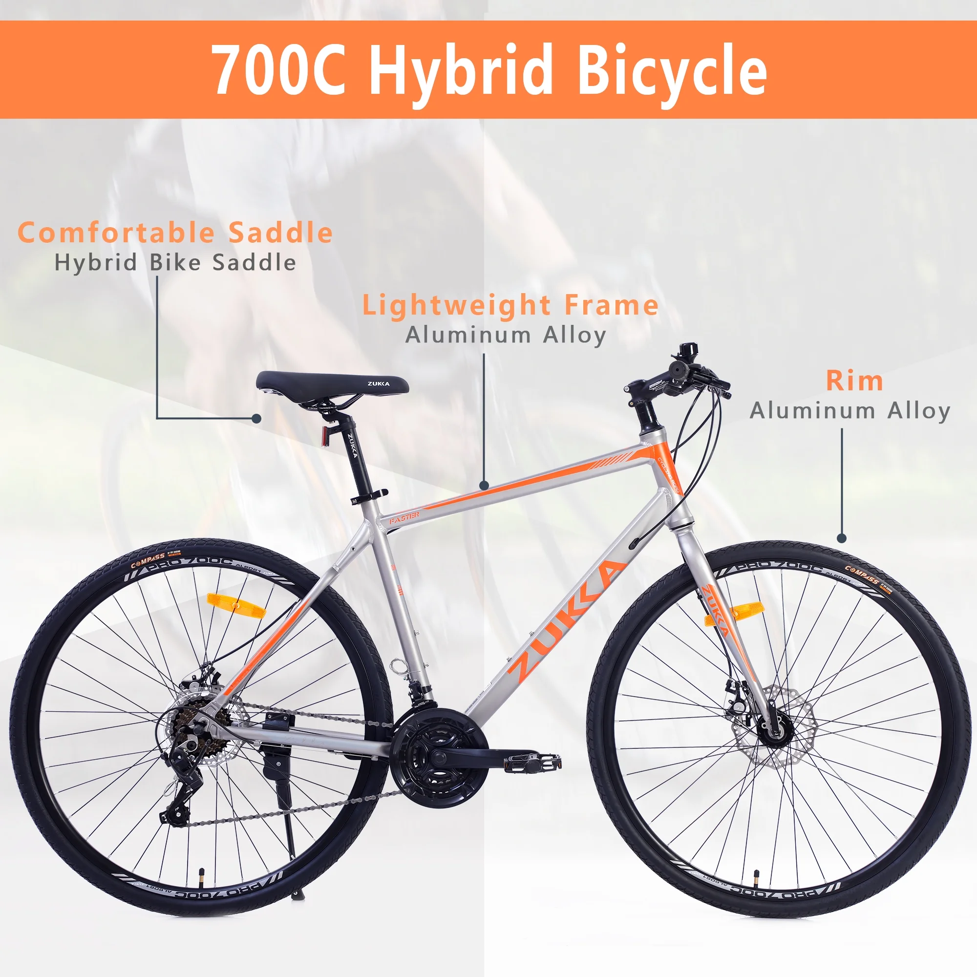 28 inch Hybrid Bike Men, Road Bike with Shimano 21 Speed, 700C Wheels, Comfort Adult Bicycle with Dual Disc Brake, 21” Lightweight Aluminium Frame, Suggested Rider 5’6′′ to 6’2′′ Tall- Silver+Orange