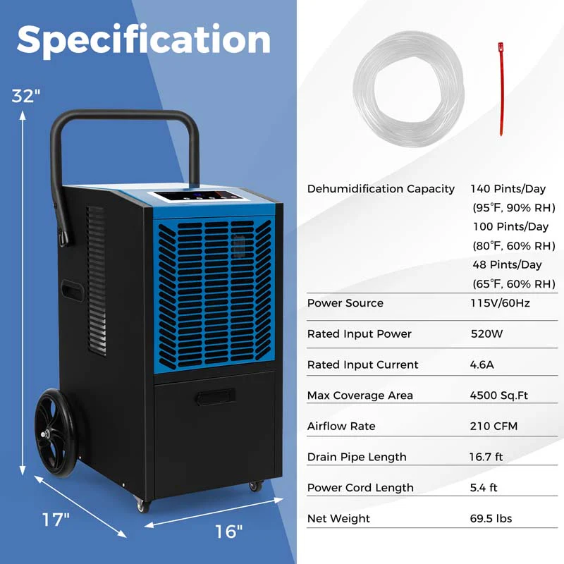 140 Pints Portable Crawl Space Dehumidifier w/Pump & Drain Hose, Industrial Commercial Dehumidifier for Basement Warehouse