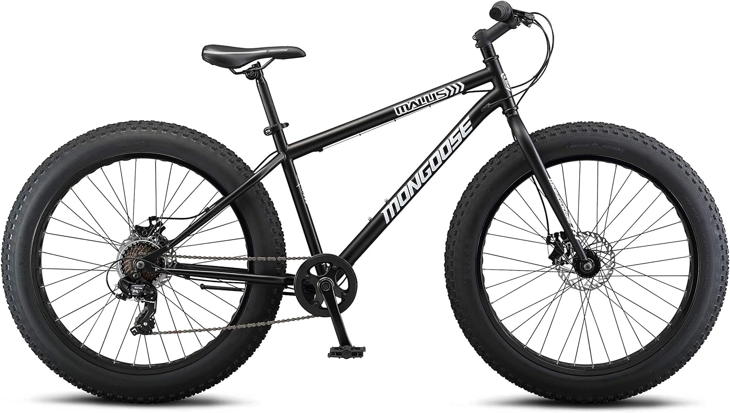 Mongoose Malus Mens and Women Fat Tire Mountain Bike, 26-Inch Bicycle Wheels, 4-Inch Wide Knobby Tires, Steel Frame, 7 Speed Drivetrain, Shimano Rear Derailleur, Disc Brakes