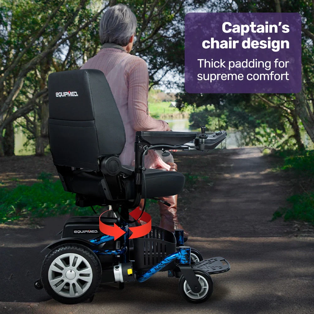 EQUIPMED Heavy Duty Electric Wheelchair, Up to 20km Range, Ultra-Comfortable, Great Turning Circle, Safe Stable Non-Slip Anti-Roll Back Power Chair, Blue