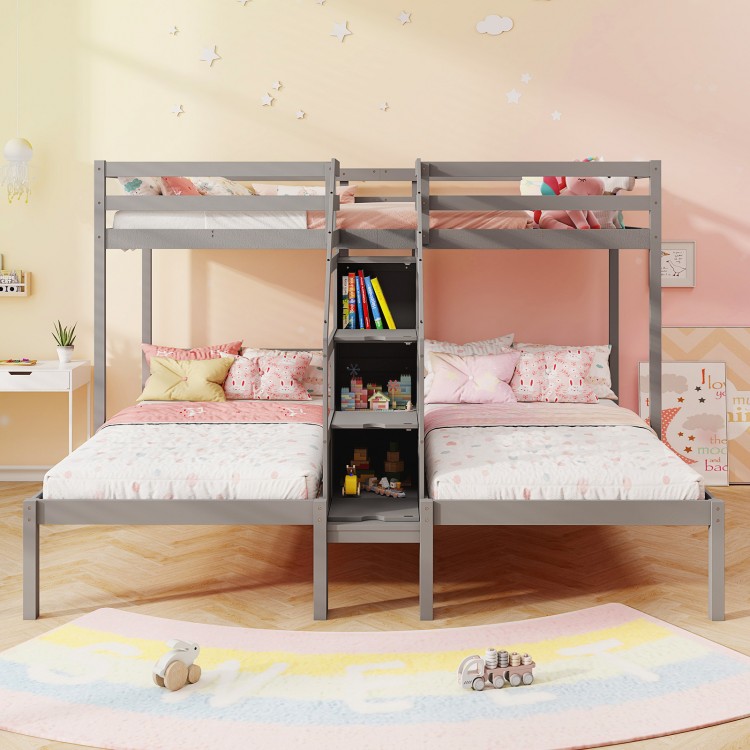 Twin Over Twin and Twin Bunk Bed with Storage Staircase and Guardrail for 3 Kids Teens