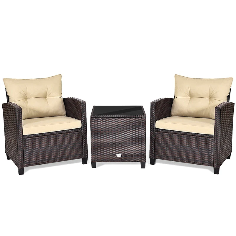 3 Pcs Rattan Patio Conversation Set Outdoor Wicker Sofa Set with Washable Cushions & Coffee Table