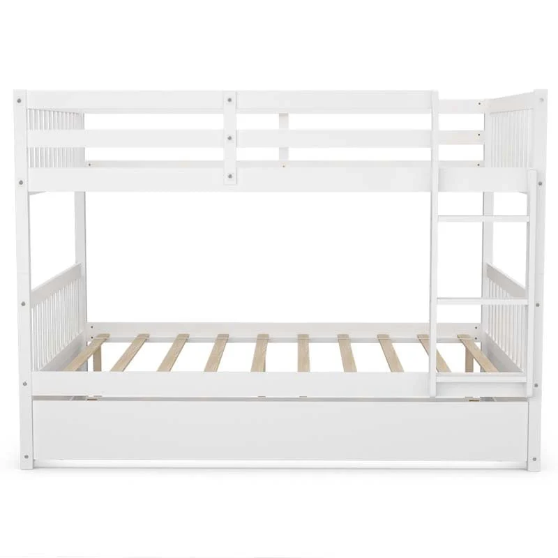 Solid Wood Full Over Full Bunk Bed Frame with Trundle, Safety Ladder & Guardrails, Convertible Bunk Bed for Kids Teens