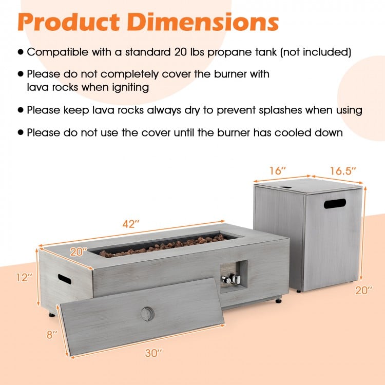 42 Inch 50,000 BTU Outdoor Rectangular Fire Table with Tank Holder