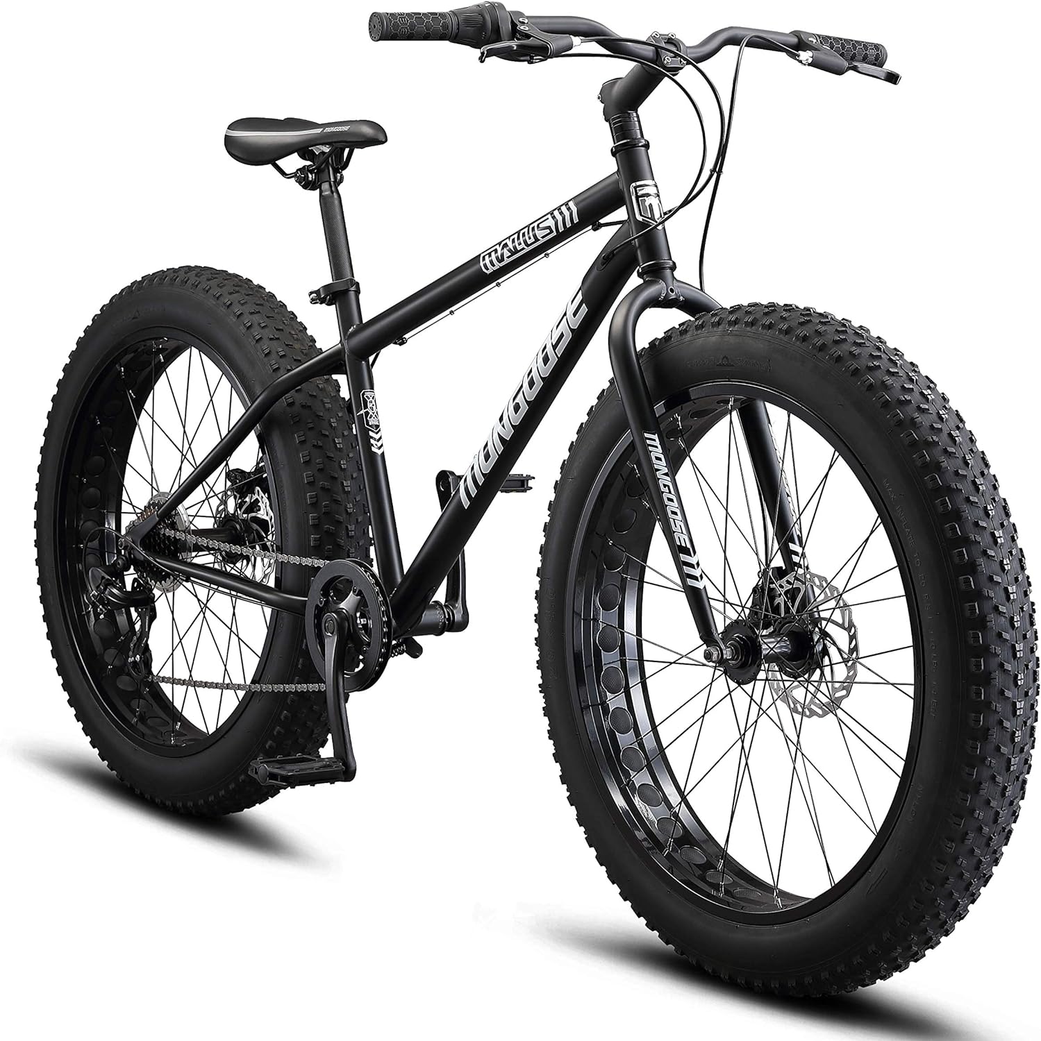 Mongoose Malus Mens and Women Fat Tire Mountain Bike, 26-Inch Bicycle Wheels, 4-Inch Wide Knobby Tires, Steel Frame, 7 Speed Drivetrain, Shimano Rear Derailleur, Disc Brakes