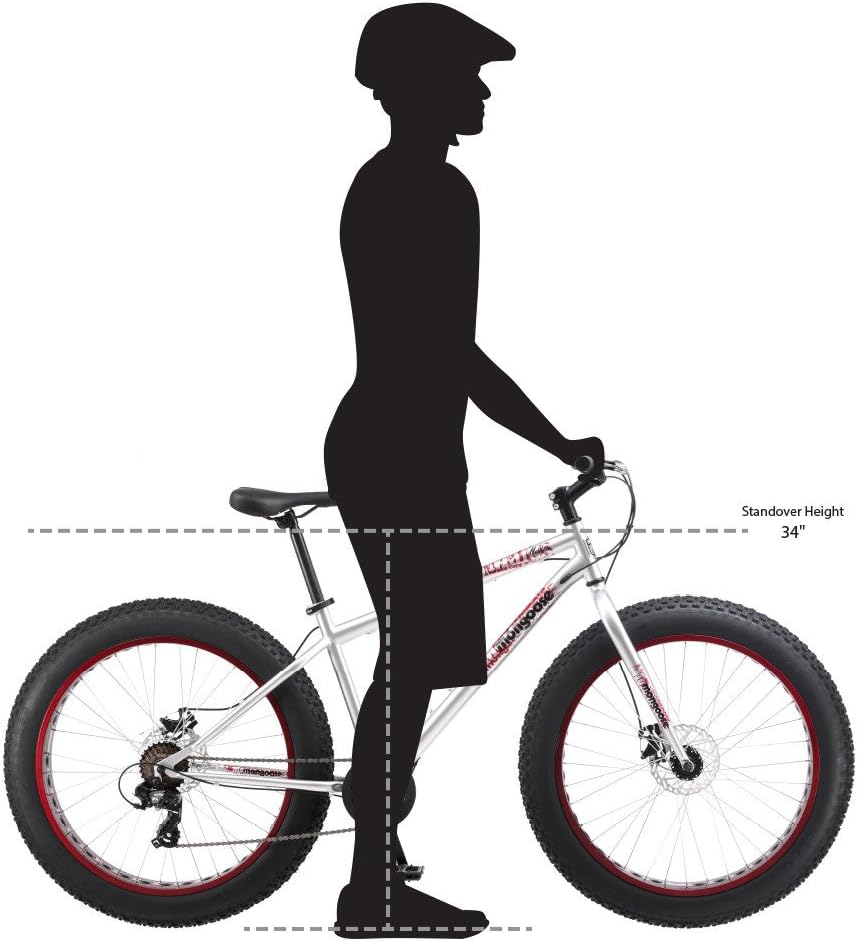 Mongoose Malus Mens and Women Fat Tire Mountain Bike, 26-Inch Bicycle Wheels, 4-Inch Wide Knobby Tires, Steel Frame, 7 Speed Drivetrain, Shimano Rear Derailleur, Disc Brakes