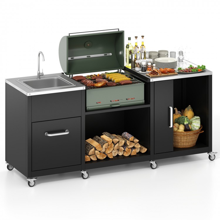 Outdoor Grill Table with Sink and Drainage Heavy Duty Metal Grill Cart
