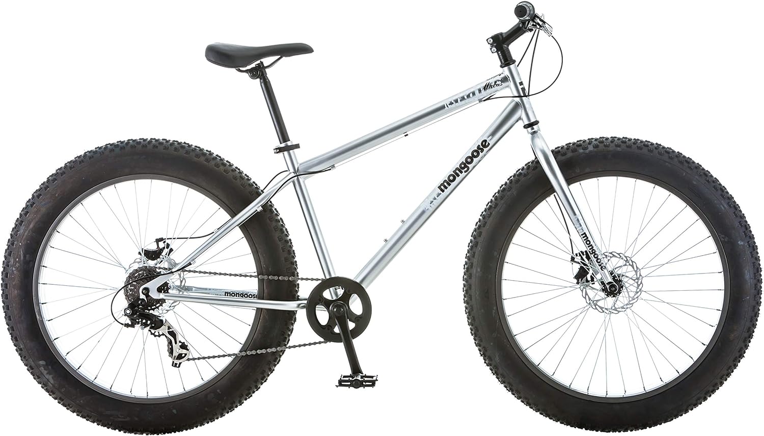 Mongoose Malus Mens and Women Fat Tire Mountain Bike, 26-Inch Bicycle Wheels, 4-Inch Wide Knobby Tires, Steel Frame, 7 Speed Drivetrain, Shimano Rear Derailleur, Disc Brakes