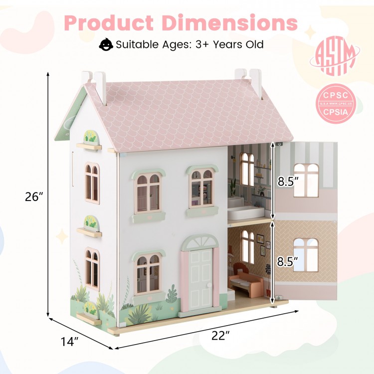 Kids Wooden Dollhouse 3 Level with Double-Sided Roofs and Doors