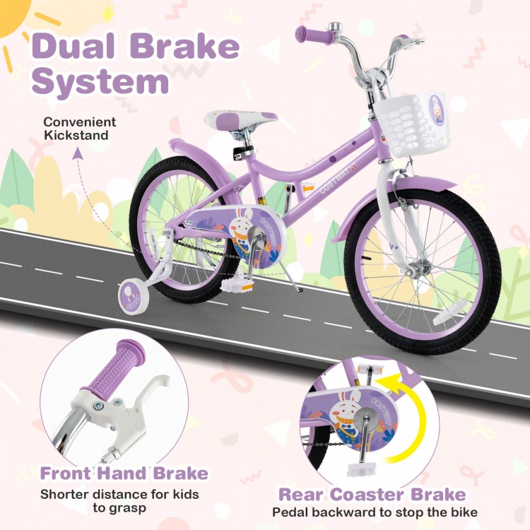 18 Inch Girl Bike with Basket with Detachable Training Wheels for 4-8 Years Old