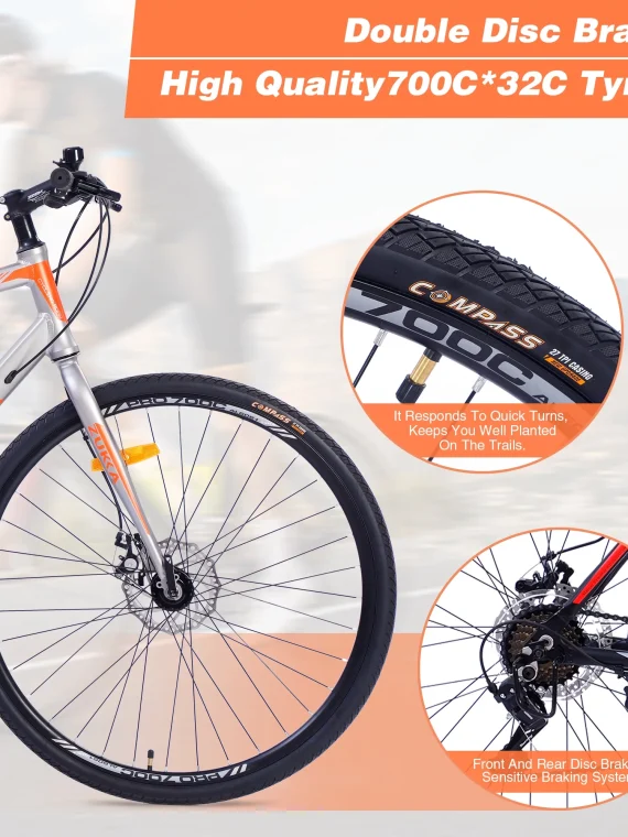 28 inch Hybrid Bike Men, Road Bike with Shimano 21 Speed, 700C Wheels, Comfort Adult Bicycle with Dual Disc Brake, 21” Lightweight Aluminium Frame, Suggested Rider 5’6′′ to 6’2′′ Tall- Silver+Orange