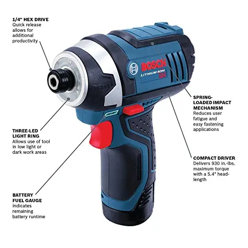 BOSCH CLPK22-120 12V Max Cordless 2-Tool 3/8 in. Drill/Driver and 1/4 in. Impact Driver Combo Kit with 2 Batteries, Charger and Case,Blue