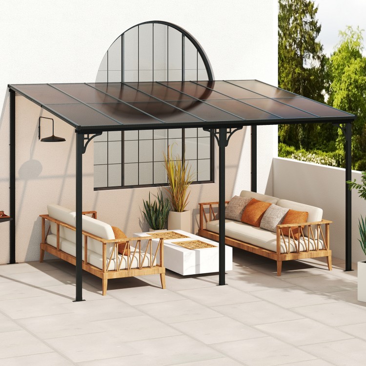 Wall-Mounted Patio Gazebo Large Outdoor Hardtop Pergola with Sloped Polycarbonate Roof