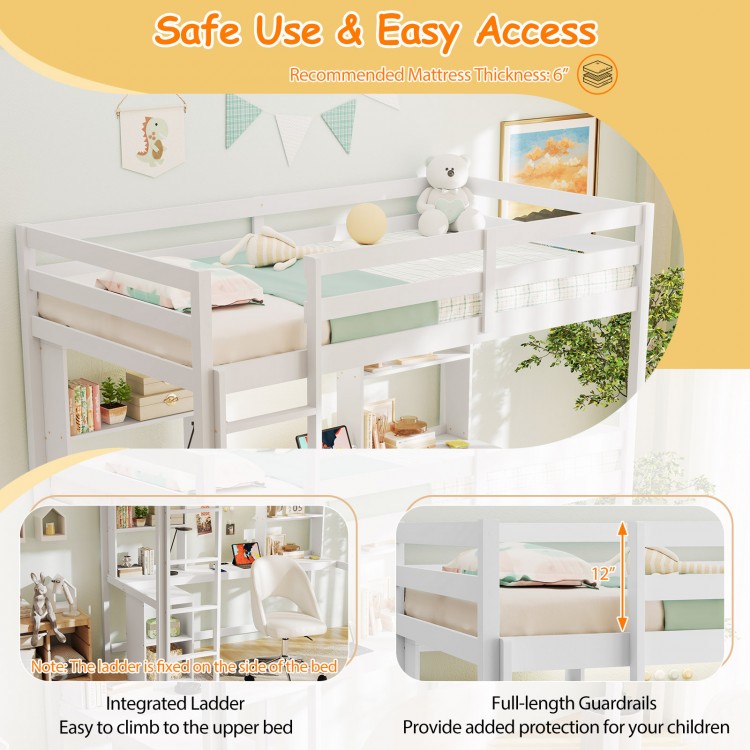 Twin Loft Bed with LED Light and Desk No Box Spring Needed