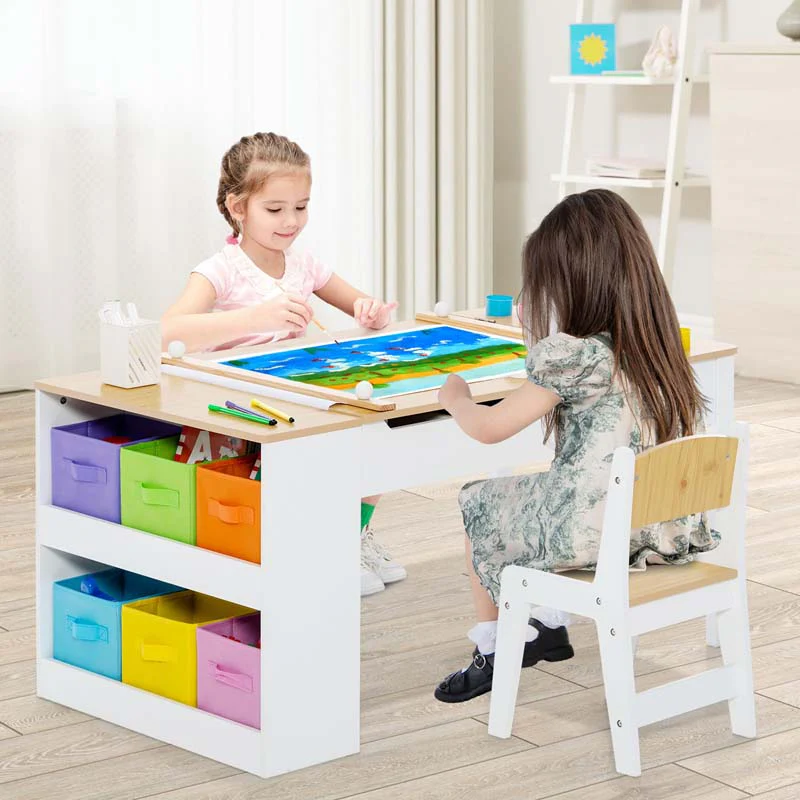 2-in-1 Kids Art Table Chair Set for Drawing Writing, Toddler Craft Play Wood Activity Desk w/2 Chairs Paper Roll Storage Canvas Bins