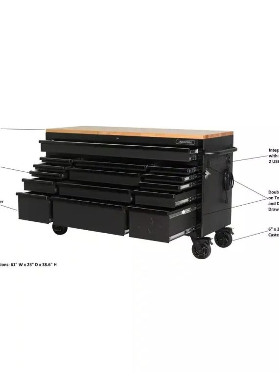 Heavy Duty 61 in. W x 23 in. D 15-Drawer Mobile Workbench with Solid Wood Top