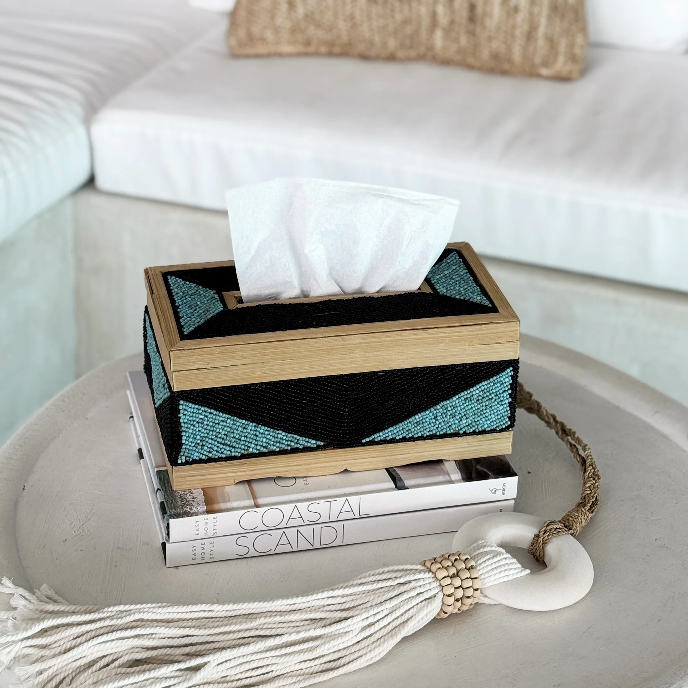 Coastal Luxe Beaded Tissue Box | Aqua & Black