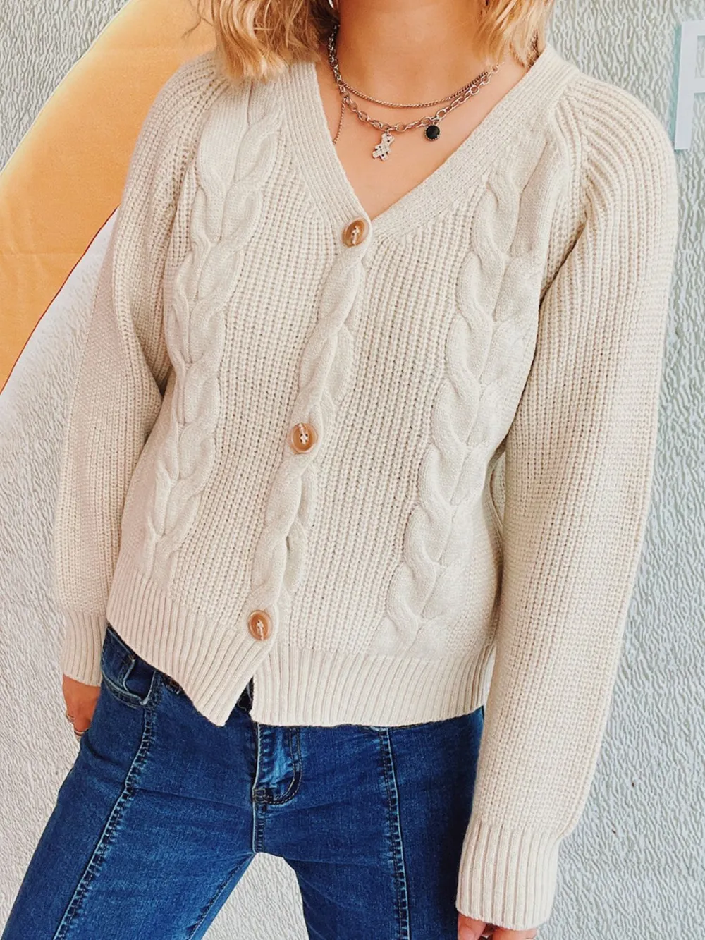 Women’s V-Neck Cable Knit Sweater Cardigan – Cropped Button-Up Short Jacket