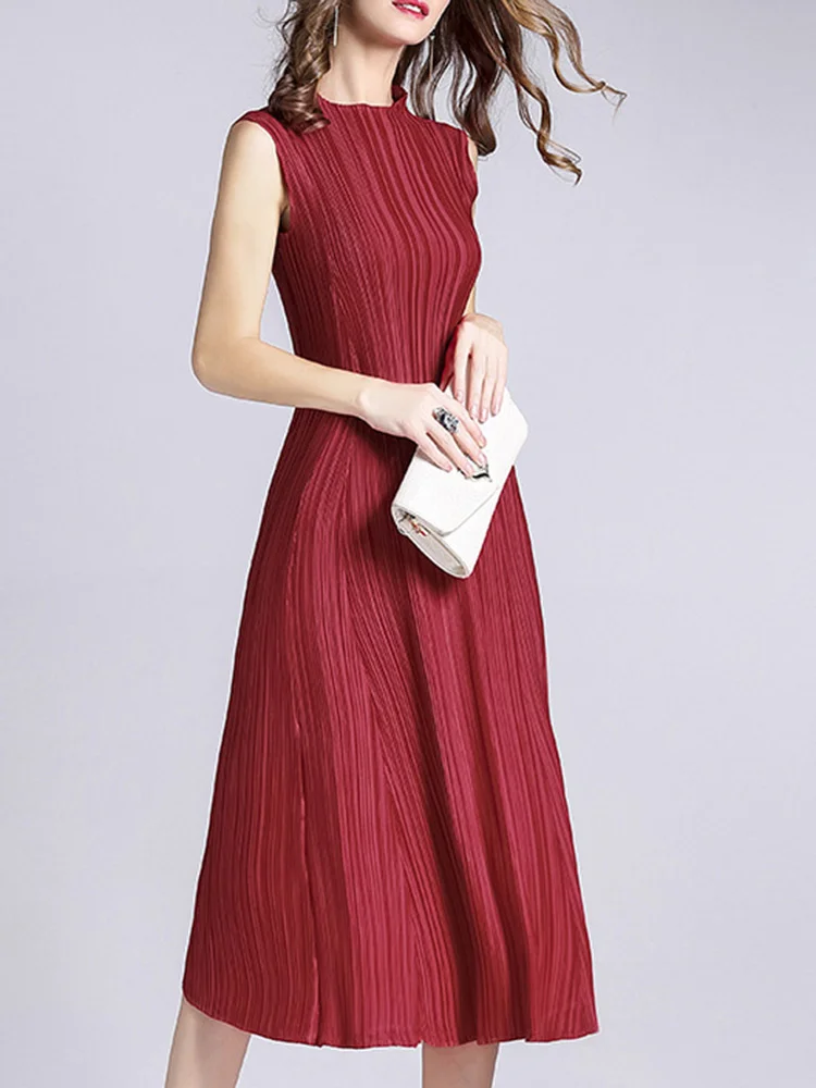 Women’s Elegant Pleated A-line Dress – Solid Color Sleeveless O-Neck, One Size, Spring/Evening Wear