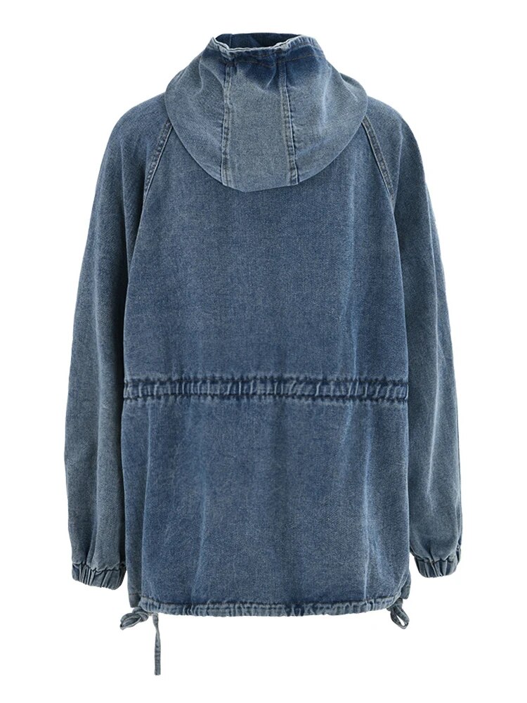 Women’s Patchwork Hooded Denim Jacket – Casual Loose Fit with Pockets and Drawstring