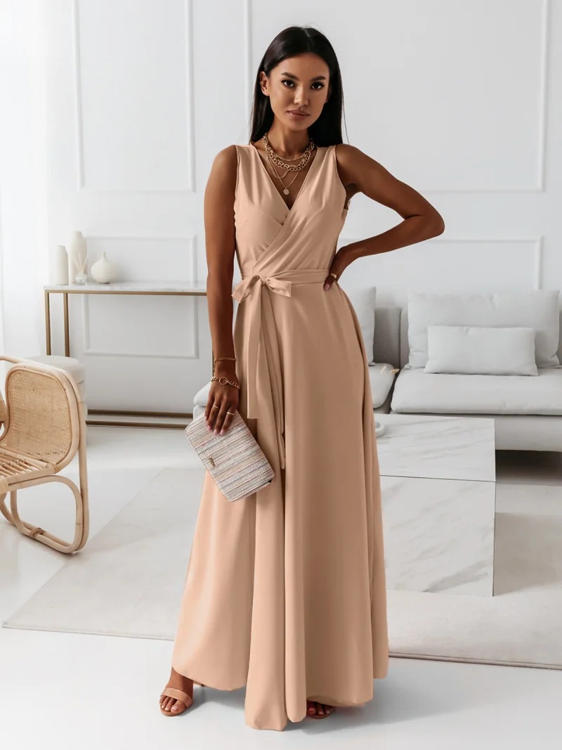 Women’s Elegant V-Neck Maxi Dress – Sleeveless Slim Fit with Belted Waist