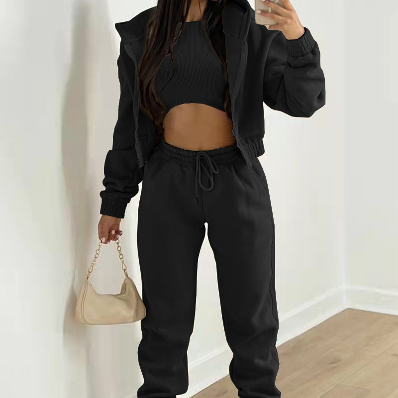 Women’s Three-Piece Sportswear Set – Hooded Jacket, Long Sleeve Top & Loose Pants