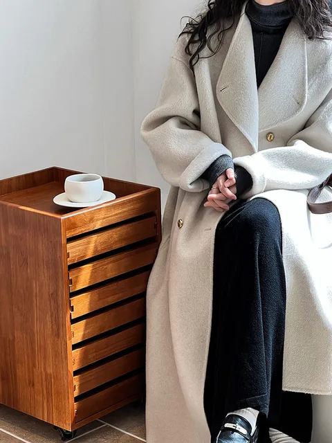 Women’s French Woolen Overcoat – Double-Breasted, Big Lapel, Autumn/Winter Minimalist Style