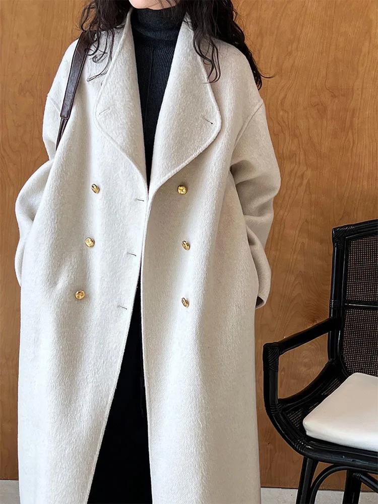 Women’s French Woolen Overcoat – Double-Breasted, Big Lapel, Autumn/Winter Minimalist Style