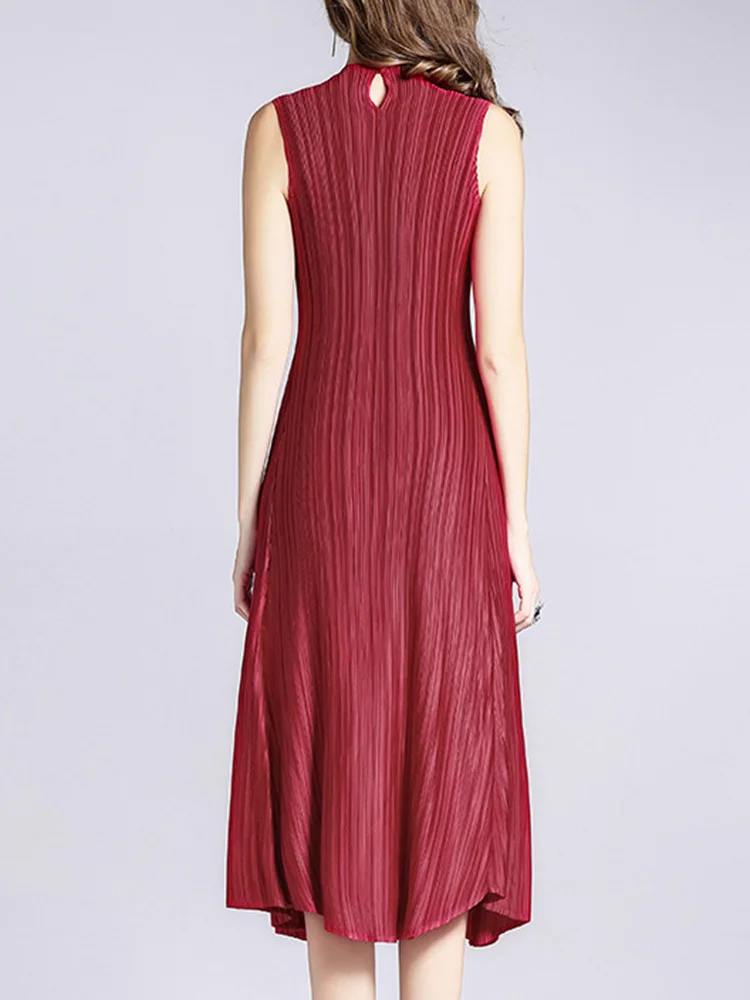 Women’s Elegant Pleated A-line Dress – Solid Color Sleeveless O-Neck, One Size, Spring/Evening Wear