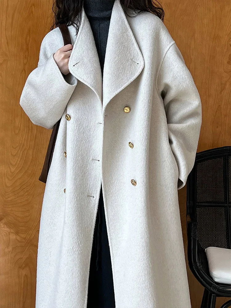 Women’s French Woolen Overcoat – Double-Breasted, Big Lapel, Autumn/Winter Minimalist Style