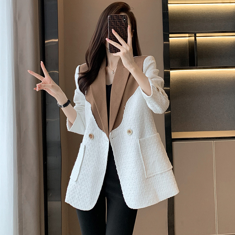 Women’s Patchwork Suit Jacket – Casual Autumn Blazer with Long Sleeves and Button Front