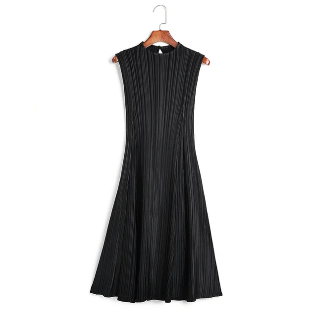 Women’s Elegant Pleated A-line Dress – Solid Color Sleeveless O-Neck, One Size, Spring/Evening Wear