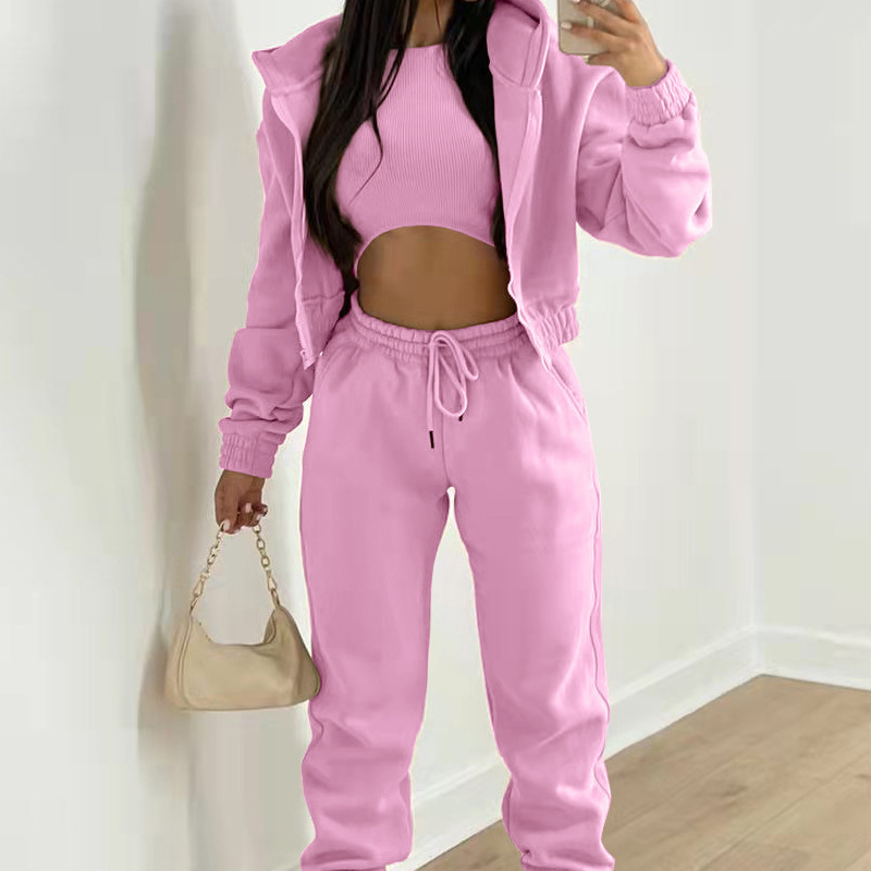 Women’s Three-Piece Sportswear Set – Hooded Jacket, Long Sleeve Top & Loose Pants