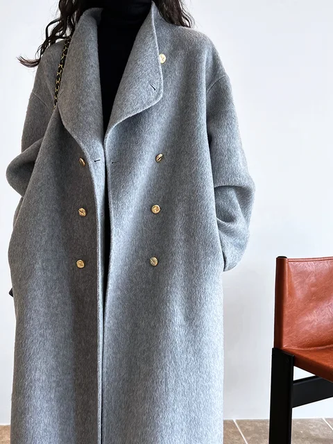 Women’s French Woolen Overcoat – Double-Breasted, Big Lapel, Autumn/Winter Minimalist Style