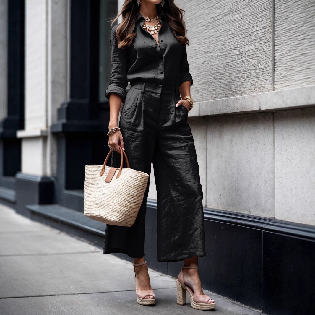 Women’s Summer Two-Piece Set – Long Sleeve Top & Wide-Leg Pants