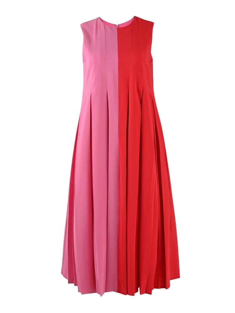 Women’s French Style Patchwork Sleeveless Midi Dress – Red Pink Color Contrast