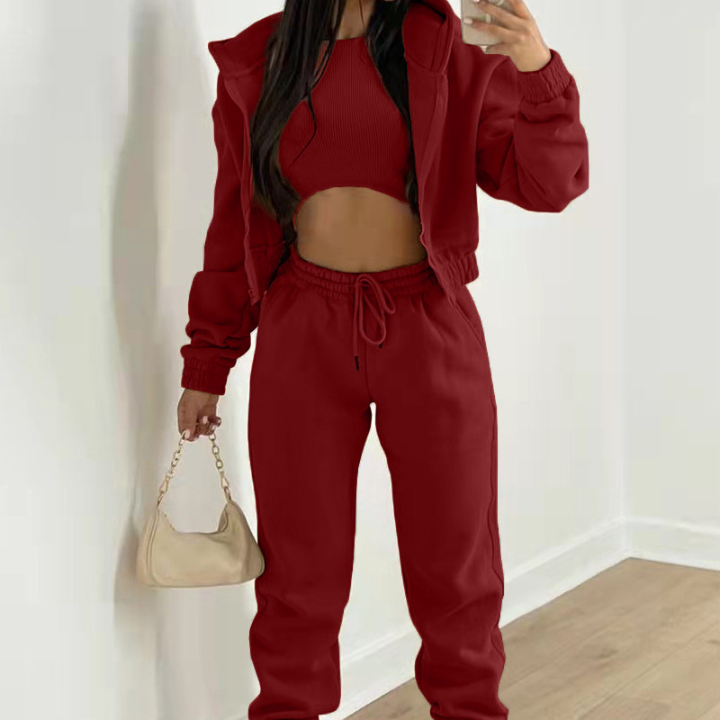 Women’s Three-Piece Sportswear Set – Hooded Jacket, Long Sleeve Top & Loose Pants